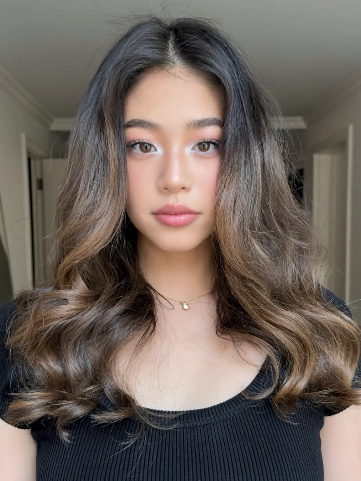 Rich Brunette Loose Waves with Caramel Balayage
